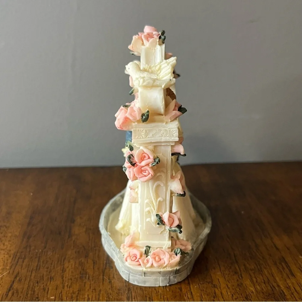Vintage wedding cake topper. Romantic Wedding Couple Figurine with Pink Roses
